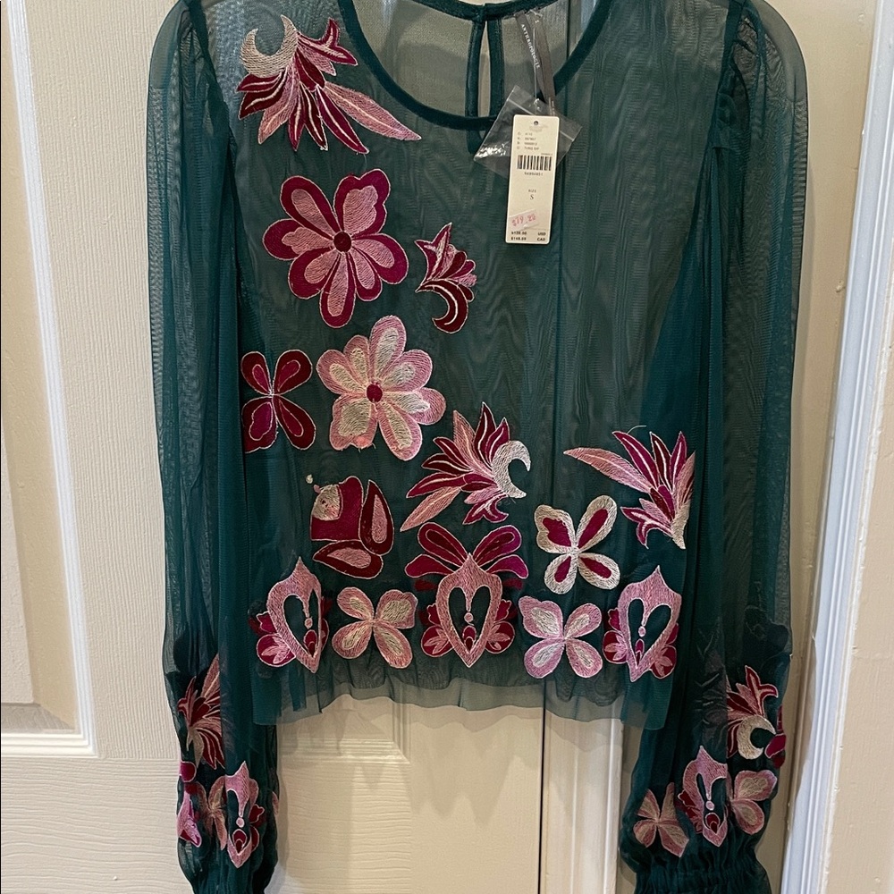 Anthropologie Teal Blouse with Pink Floral Embroidery